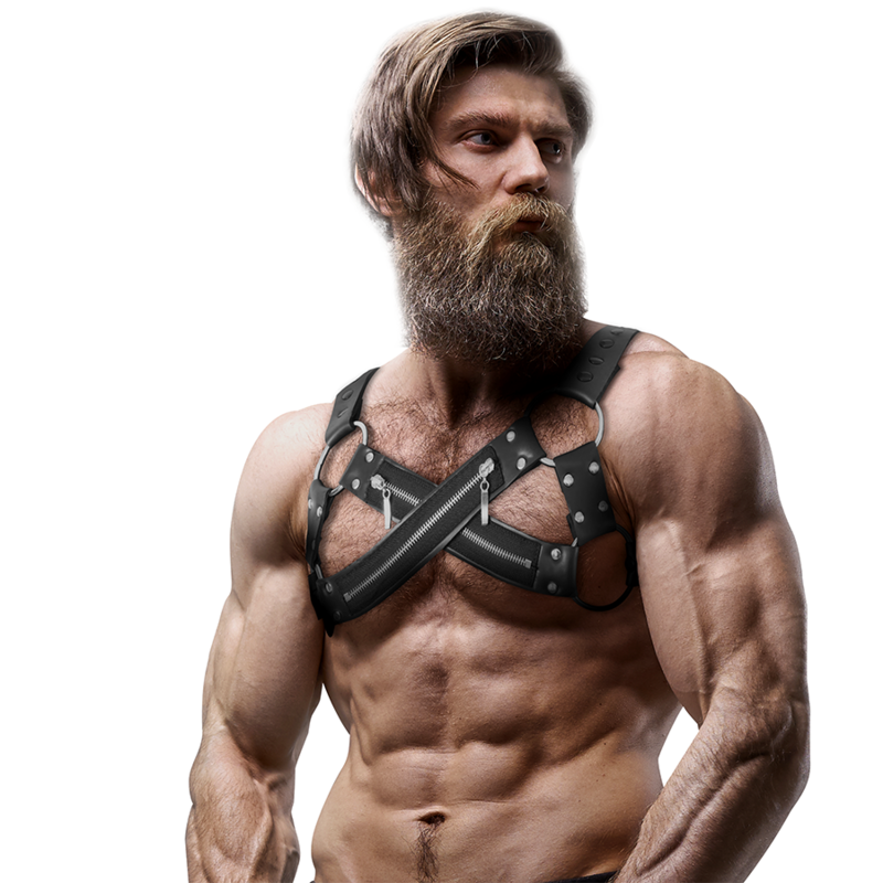 FETISH SUBMISSIVE ATTITUDE - ADJUSTABLE NEOPRENE CROSS-OVER CHEST BULLDOG HARNESS WITH ZIPPERS FOR MEN - Image 4
