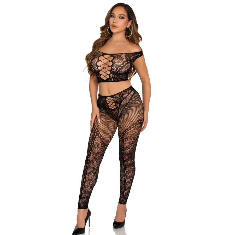 LEG AVENUE - CROP TOP AND FISHNET LEGGING WITH BARE SHOULDERS BLACK - Image 2