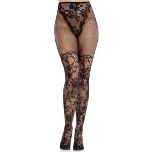 LEG AVENUE - DAHLIA LACE STOCKINGS WITH NET DETAIL BLACK